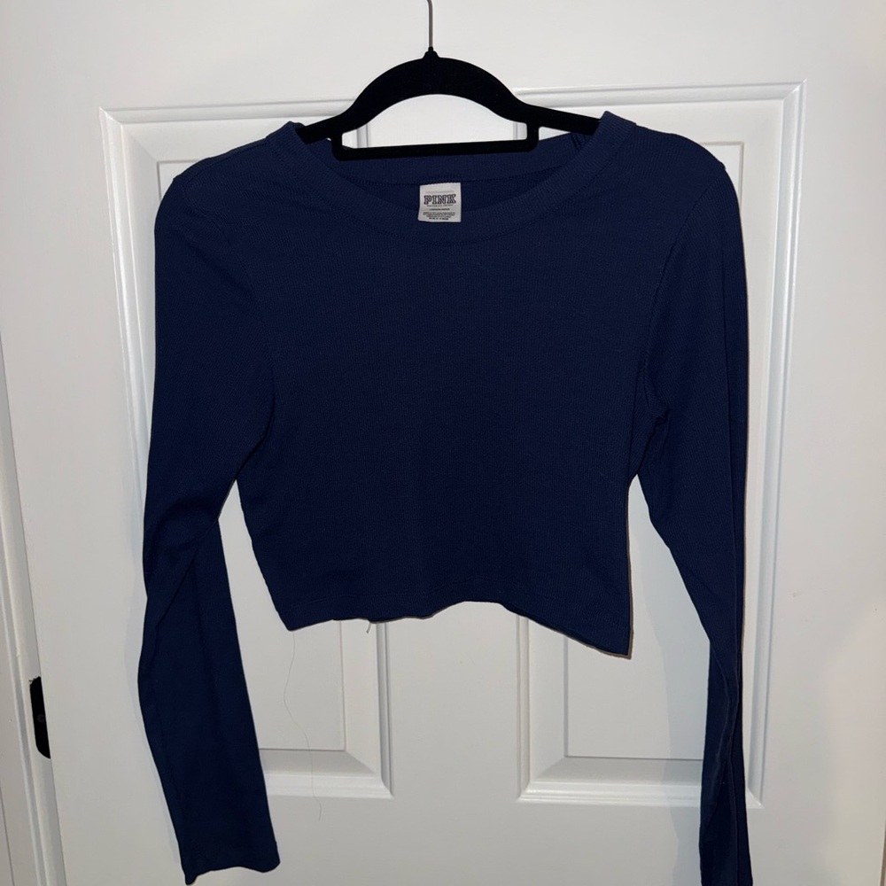 PINK Victoria's Secret Navy Cropped Long-Sleeve Ribbed Tee